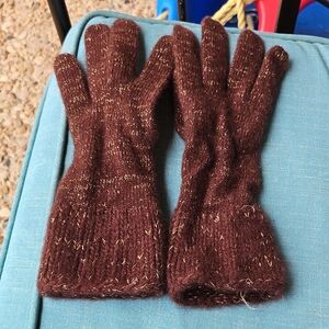 Portolano Women's 100% Cashmere Gloves Brown And Gold Thread Knit Soft Fluffy M